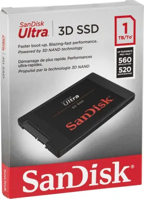 The image shows the retail packaging of a SanDisk Ultra 3D SSD.