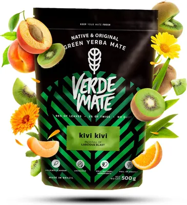 Obrázek produktu pro Verde Mate – čaj mate Kivi Kivi 500 g – listy o tloušťce 5 mm, bez prachu – osvěžující, jemný – s kiwi a pomerančem – sušený na vzduchu – yerba mate z Brazílie