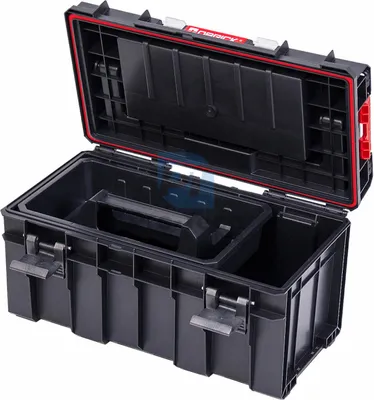 An open black toolbox with a red seal on the lid, shown from a slightly elevated angle against a white background.