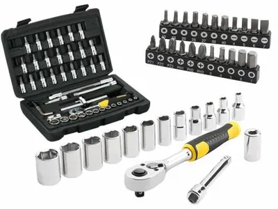 A collection of tools, including a socket set, ratchet, and various bits, laid out on a white background.