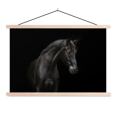 Produktbild von MuchoWow® Textilposter Pferd - Tiere - Schwarz - Porträt 120x80 cm mit holzfarbenen Rahmen - Aufhängeset