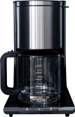 A black and silver coffee maker is shown against a white background.
