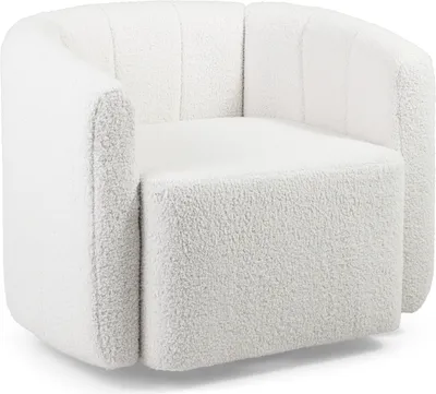 A white sherpa armchair is shown from a slightly elevated front-side angle against a white background.