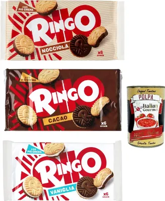 Produktbild von Testpaket Pavesi Ringo Nocciola Haselnuss Kakao Vanille Kekse Biscuits Cookies 3x 330g Familienpaket + Italian gourmet polpa 400g