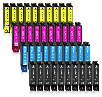 A collection of printer ink cartridges arranged in rows.