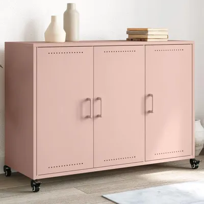 A pink metal sideboard with three doors and wheels, placed on a wooden floor against a white wall.