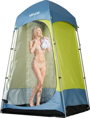 Produktbild von VEVOR Duschzelt mit 1 Raum, Toilettenzelt (1397x1397x2184 mm) Umkleidezelt inkl. Heringen & Seilen & Tragetasche & Stahlstange, aus 200D Oxford-Gewebe für Camping Strand Angeln Grün