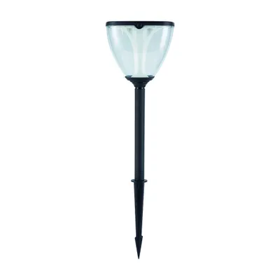 A solar garden light with a stake.