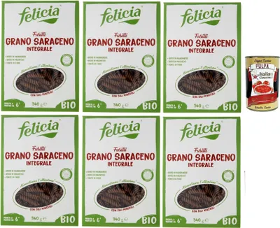 Produktbild von Felicia Fusilli di Grano Saraceno Integrale,Pasta mit 100% Buchweizen, Natürlich Glutenfrei,Packung mit 6x 340g + Italian Gourmet Polpa di Pomodoro 400g Dose