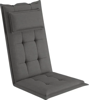 A gray chair cushion with a headrest, shown from a diagonal angle against a white background.