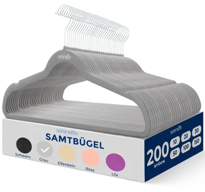 Produktbild von SereneLife Samt Kleiderbügel Grau 200 Stück, Kleiderhaken Bügel 360° drehbarer H