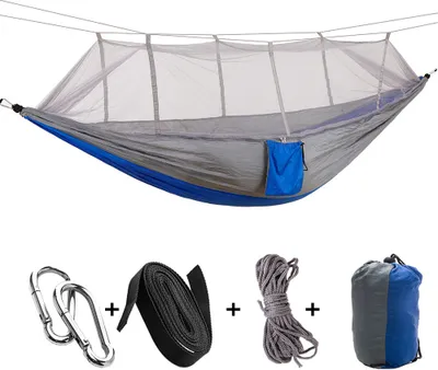 Produktbild von Tragbares Camping-Reisehängematten-Hängebett mit Moskitonetz (Graublau)
