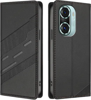 Image de Etui pour Honor 60 Pro, étui portefeuille en cuirPolyuréthaneavec fente pour cartes et fonction stand Schwarz