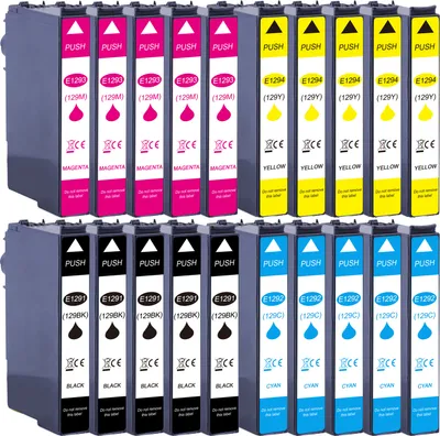 A collection of ink cartridges arranged in two rows.