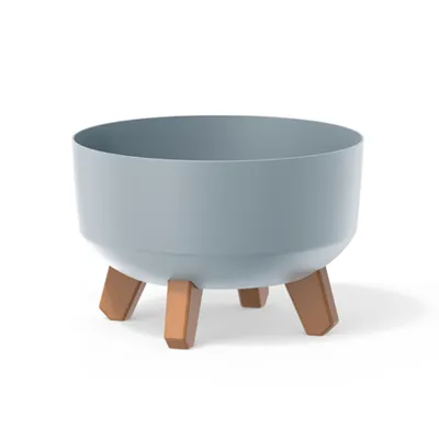 A light gray planter pot with three brown legs, shown against a white background.