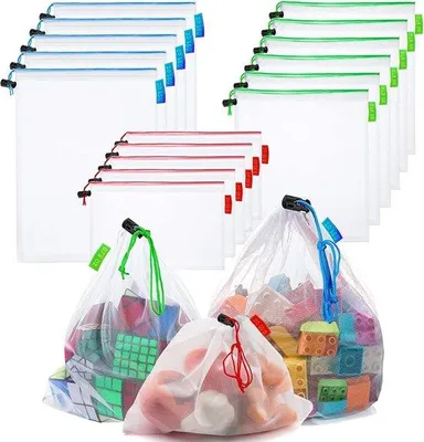 Produktbild von Multifunktionale Aufbewahrungsbeutel - 3 Größen herstellbare Netzbeutel mit Riemenzug - Gemüse- und Obstbeutel - Spielzeugbeutel - waschbar