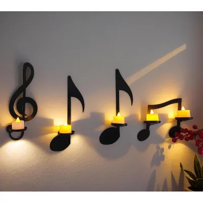 Produktbild von 4er Set Kerzenhalter Musiknoten - Kerzenständer Teelichthalter Wand Deko - Wandregal Wanddekoration Noten