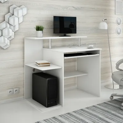 Image de Bureau Table d'ordinateur Table de bureau avec 5 étagères 100 x 91 x 50 cm blanc Fabriqué en stratifié de haute qualité avec des glissières à roulettes métalliques