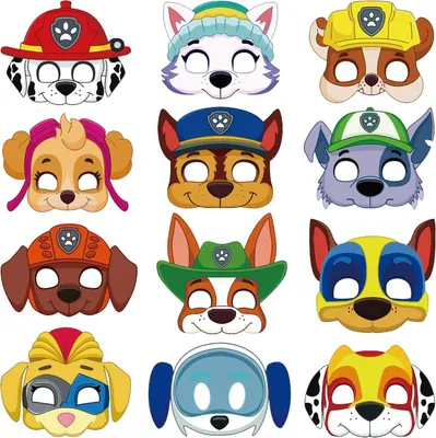 Produktbild von Patrouillenmasken für Kinder – Set mit 12 Stück – Tiermasken im Cartoon-Stil – Pappmasken – Ideal für Geburtstage – Dekoration – Figuren