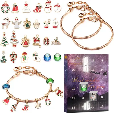 A collection of Christmas-themed charms, bracelets, and an advent calendar.