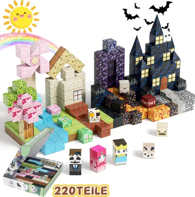 Produktbild von Faziango Magnetische Bausteine 220 Teile – Kreatives Lernspielzeug mit Starken Magneten – Perfekt als Weihnachts- & Halloween-Geschenk für Kinder