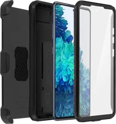 A disassembled phone case with a phone inside, shown from the front.