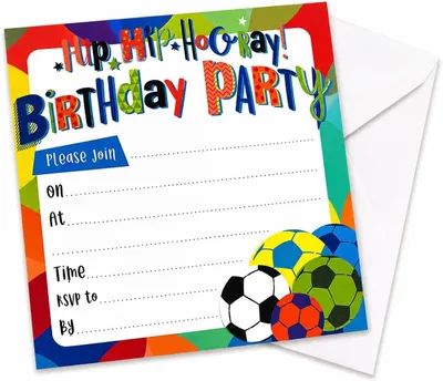 Productafbeelding van Uitnodigingskaarten voor een voetbalfeestje, 12 stuks, met bijbehorende enveloppen, voor een kinderfeestje