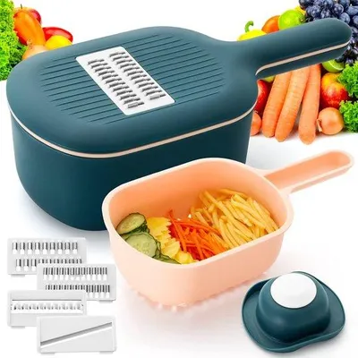 Productafbeelding van Famanu groenteschaaf, multifunctionele keukenmandoline met opvangbak en afdruipmandje - oranje