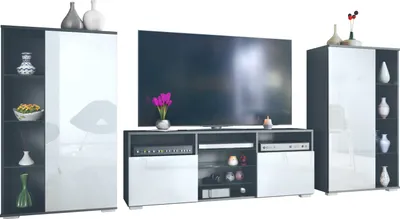 Produktbild von Vladon Wohnwand Davos, Anbauwand bestehend aus 2 Vitrinen und 1 TV-Board, Anthrazit matt/Weiß Hochglanz (329 x 134 x 35 cm)