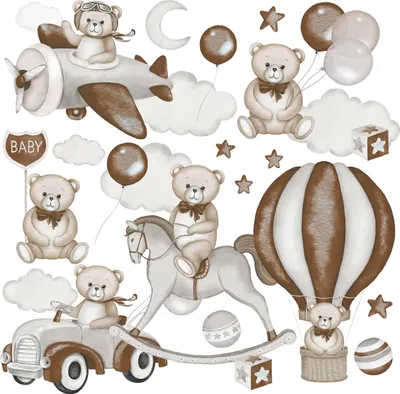 Obrázok produktu pre Muralo nálepky na stenu set pre deti TEDDY BEARS balóny mraky hviezdy š. 120cm x v. 60cm - nálepky na stenu set pre detskú izbu