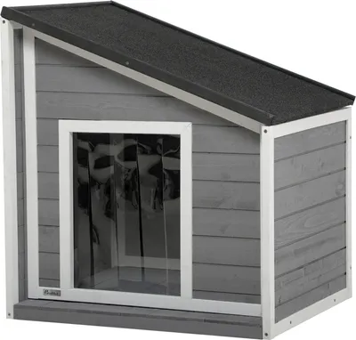 Produktbild von Hundehütte Wetterfestes Hundehaus Aus Tannenholz Mit Asphaltdach & Türvorhang, Grau, 71X58X53/77Cm