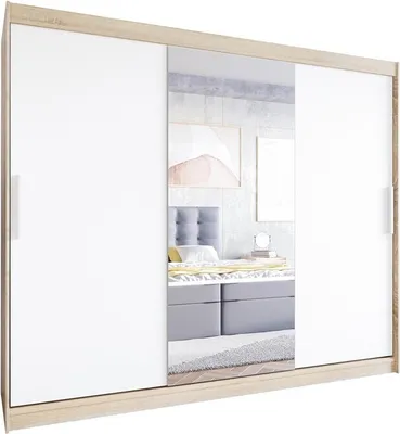 Produktbild von Easy4You L1 250 cm Sonoma/Weiß Schiebetüren Kleiderschrank 250x215x58 cm mit Spiegel - Schlafzimmermöbel, Aufbewahrung - Mehrzweckschrank