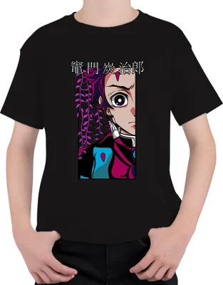 Productafbeelding van T-shirt met afbeelding van Kamado Tanjiro uit de anime/manga "Demon Slayer", cosplay, fanartikel, cadeau, uni, voor kinderen, zwart, maat 116