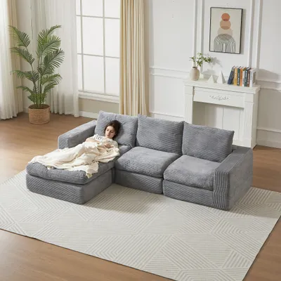 Obrázek produktu pro okwish Velká Rozkládací postel/Relaxační křeslo Chaiselongue, manšestrová sedačka s opěrkou hlavy a třemi polštáři, L-postel s kovovým rámem a funkcí spaní, Světle šedá