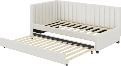 Produktbild von Polsterbett 90*200, Ausziehbares Schlafsofa, Multifunktionsbett mit Lattenrost, Jugendbetten Kinderbetten Gästebetten, Samtstoff Beige