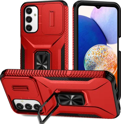 Produktbild von Handyhülle für Samsung Galaxy A14 5G 4G Dual Layer Hülle mit Schiebe Kamera Schutz und Ringhalter Ständer Rot