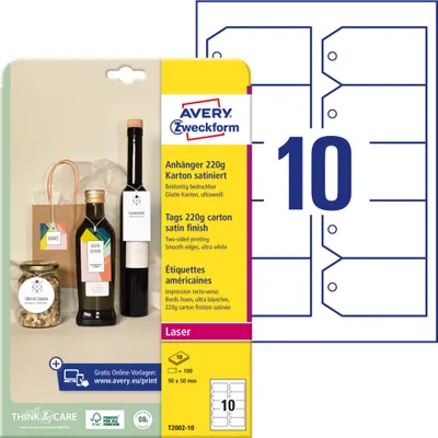 Produktbild von Avery Zweckform T2002-10 Anhänger, 90 x 50 mm, beidseitig beschichtet, 100 Stück / 10 Bogen