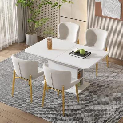Immagine prodotto di Set di 4 sedie da pranzo Abrihome, sedia imbottita con schienale e gambe in metallo, sedia da cucina, seduta in velluto, beige
