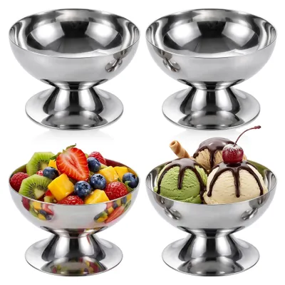 4 Edelstahl-Eisbecher mit Gabeln, 200 ml, Ø 10 cm