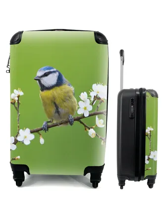 Produktbild von MuchoWow® Koffer Handgepäck Trolley Rollkoffer Kleine Reisekoffer mit 4 Rollen - Blaumeise - Zweig - Blumen - Blühende Zweige - Vogel - Cabin Size < 55x40x23 cm & 55x40x20 cm - Fotokoffer - Kabinenkoffer - Boardgepäck - Reise-Box - Reisekoffer - Reisegepäck - Koffer mit Bild - Trolley für Kinder
