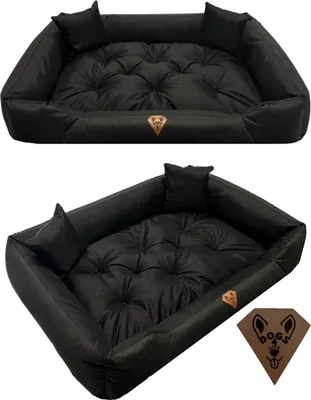 Two views of a black dog bed, one from the side and one from a slightly elevated angle, with a separate logo tag.