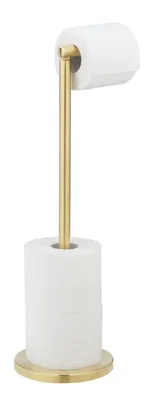 A gold toilet paper holder with two rolls of toilet paper on a white background.