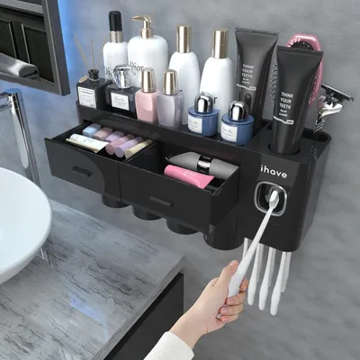 Immagine prodotto di Portaspazzolini da parete con dispenser per dentifricio e cassetto, set organizer, 4 bicchieri, colore nero