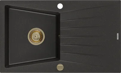 Image de Mexen Cesar évier 1 bac en granit avec égouttoir 775 x 470 mm, Noir/Or métal, siphon Or - 6514771010-75-G