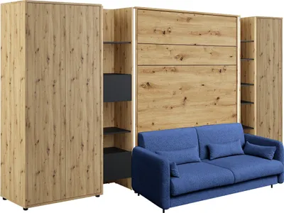 Produktbild von Schrankbett mit sofa Bed Concept 140x200 cm Lenart Led Beleuchtung Taschenfederkernmatratze Bett im Schrank Klapbett Artisan Eiche/Marineblau