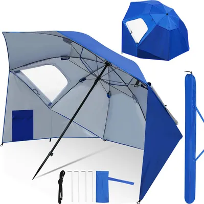 Image de Parasol Izrielar 210 cm avec protection UV 50+, inclinable avec piquet et sac de transport, parasol hydrofuge pour la plage, le jardin et le balcon – Bleu