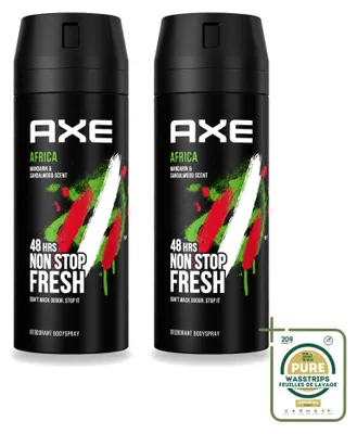 Obrázek produktu pro 2 kusy deodorantu ve spreji Axe Africa – mandarinka a santalové dřevo – 150 ml – balení