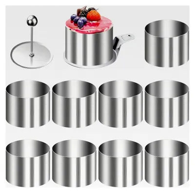 Produktbild von Dessertringe 8 cm, 10 Stück Servierringe aus Edelstahl, mit Bodenplatte und Heber, silberfarbenes Kuchenring-Set für DIY-Kuchen, Mousse, Desserts