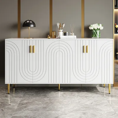 Produktbild von MODFU Kommode Sideboard mit goldenen Griffen und Füße- einzigartigem Wellendesign, Schrank Buffet für Wohnzimmer, Büro, KüchenSchrank, Weiß
