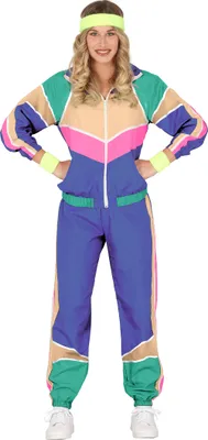A woman wearing a colorful 80s-style tracksuit and headband.